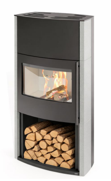 Kaminofen Cera Genius schwarz mit Holzfach Betonverkleidung